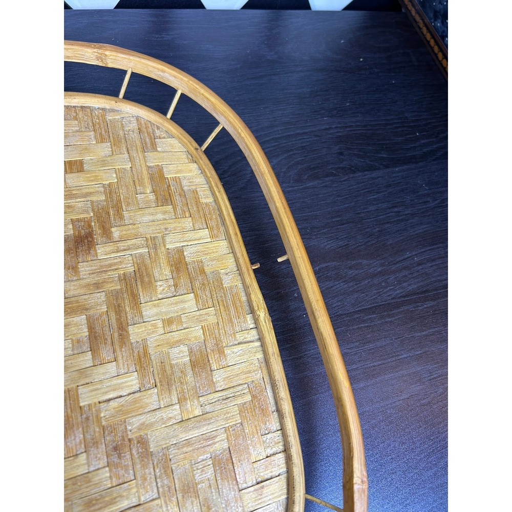Vintage Woven Bamboo Tray Rattan Gallery Edge 19x14 Inch - Picture 13 of 15